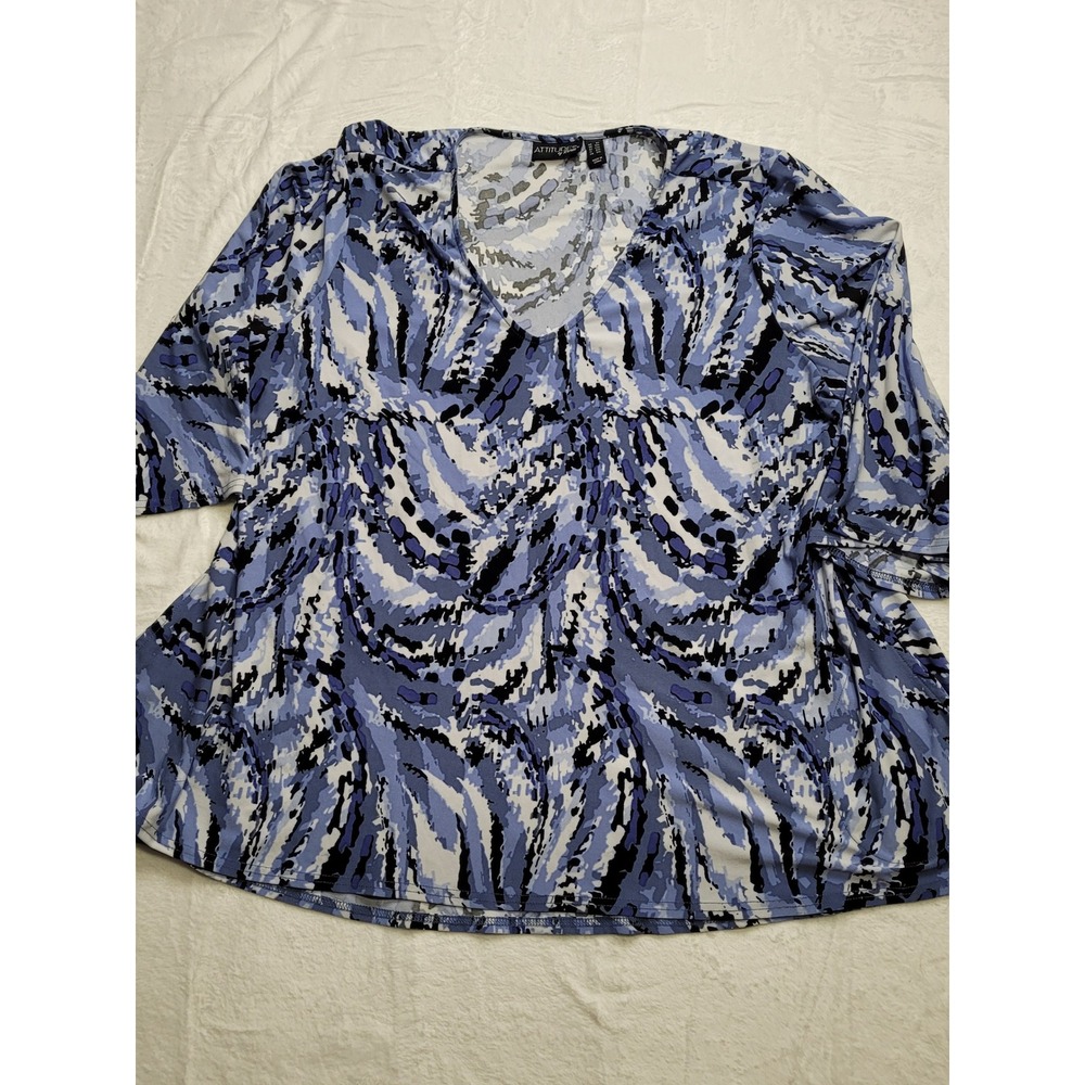 Attitudes by Renee Tunic Women 2X Blue Purple Abstract V-Neck Pockets